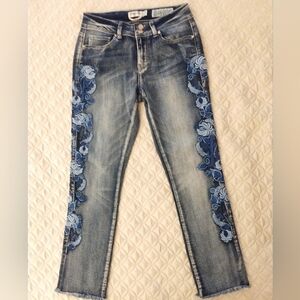 Indigo Rein Jeans Embroidered Floral Pattern  Medium Wash Ankle Jeans